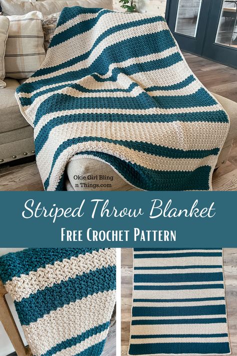 If you know how to single crochet, chain and double crochet, then you can easily make this free large crochet blanket pattern! It's such a fun and easy crocheted stripe blanket pattern! Crochet Striped Blanket Pattern, Striped Crochet Blanket, Blanket Tutorial, Crochet Throw Pattern, Throw Blanket Pattern, Striped Throw Blanket, Chunky Crochet Blanket, Crochet Afghan Patterns Free, Large Blanket