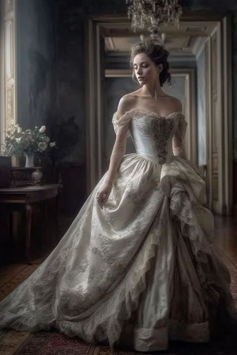 Women In Ball Gowns, 1800 Princess Dress, Victorian Inspired Ball Gown, Ball Gown Old Fashioned, 1800 Royal Dress, 1800 Fashion Women Victorian, Victorian Era Fashion Aesthetic, Old Princess Dresses Ball Gowns, Victorian Women Aesthetic