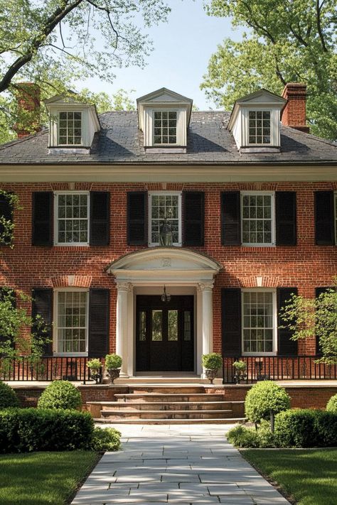 Red brick georgian house revival. Check out all of these charming houses with brick exteriors–from classic to modern–that will make you feel at home. Brick House Additions Ideas, Plain Brick House Exterior Makeover, Red Brick House With Dark Trim, Red Brick House White Shutters, Red Brick House With Black Roof, Red Brick House With Green Trim, Modern Colonial Homes Exterior, Traditional Red Brick House, Colonial Red Brick House Exterior