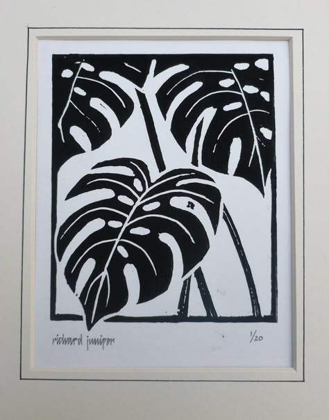 Swiss Cheese Plant. Linocut print by Richard Juniper Print Making Art Ideas, Simple Printmaking Designs, Linocut For Beginners, Plant Lino Print, Print Ideas Design, Linocut Plants, Lino Print Portrait, Lino Print Ideas Easy, Tree Lino Print