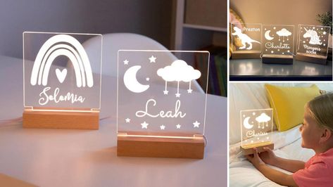 Personalised Night Light, Cricut Bedroom Decor, Acrylic Light Sign, Acrylic Night Light, Laser Acrylic Ideas, Night Light Ideas, Personalized Night Lights, Boho Baby Gifts, Rainbow Night Light