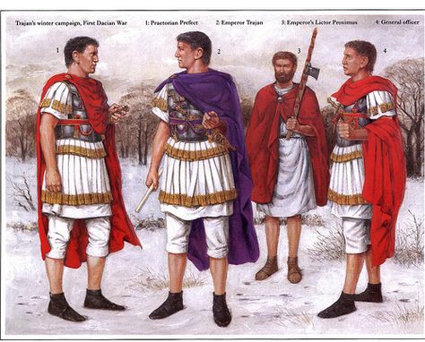 Emperor Trajanus with his guards, c. 101-102 AD. Imperator Caesar Nerva Traianus Augustus (Trajan) on campaign against the Dacians. During his reign, Dacia (modern Romania) was conquered, and the Mesopotamia and Armenia were annexed from the Parthians. Traianus built many famous Roman monuments and under him the Empire reached its greatest extent.  He was a Roman Legend. Ancient Rome Clothing, Roman Clothing, Imperiul Roman, Fall Of Constantinople, Military Images, Warriors Illustration, Ancient Dress, Roman Legion, Imperial Army