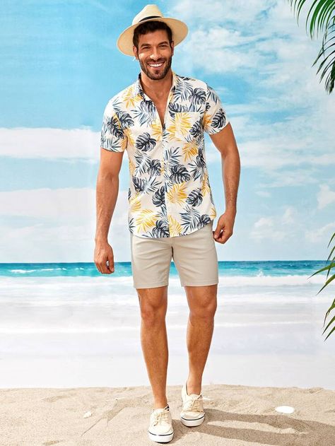 Men Tropical Print Curved Hem Hawaiian Shirt | SHEIN USA Casual Collared Camp Shirt With Pockets, Casual Camp Shirt With Button Closure, Casual Button-up Camp Shirt For Day Out, Casual Short Sleeve Travel Tops, Casual Collared Shirt For Day Out, Casual Short Sleeve Tops For Travel, Beach Outfit Men, Mens Beach Shirts, Tropical Print Shirt