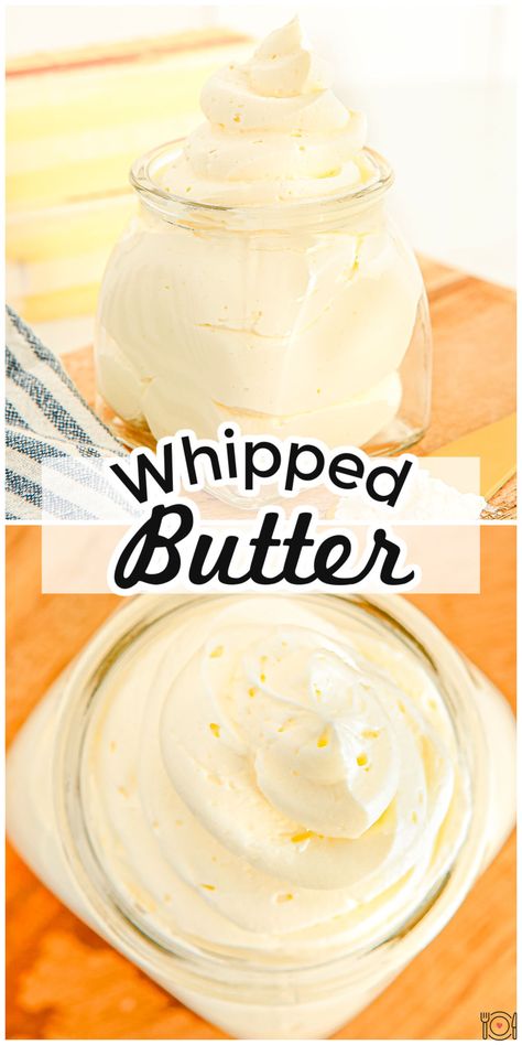 Easy homemade Whipped Butter recipe made with just two ingredients: butter and whole milk! Now you can make this restaurant staple at home! via @foodfolksandfun Whipped Butter For Pancakes, Longhorn Butter Recipe, How To Make Whipped Butter, Outback Butter Recipe, Homemade Whipped Butter, Home Made Butter Recipes, How To Make Homemade Butter, Sweet Butter Recipe, How To Make Butter