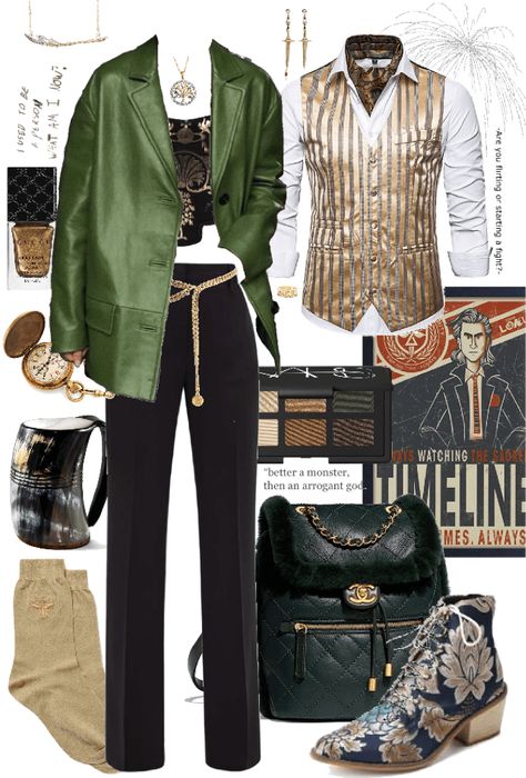 Loki Casual Outfit, Loki Inspired Outfit Casual, Loki Aesthetic Outfit, Loki Outfit Female, Loki Outfit Ideas, Avengers Inspired Outfits, Loki Costume Female, Loki Inspired Outfit, Loki Clothes