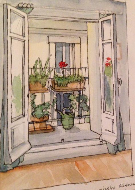 Balcony Drawing Reference, Balcony Sketch Drawing, Apartment Drawing Sketch, Balcony Watercolor, Balcony Sketch, Balcony Illustration, Balcony Drawing, Apartment Drawing, Balcony In Paris