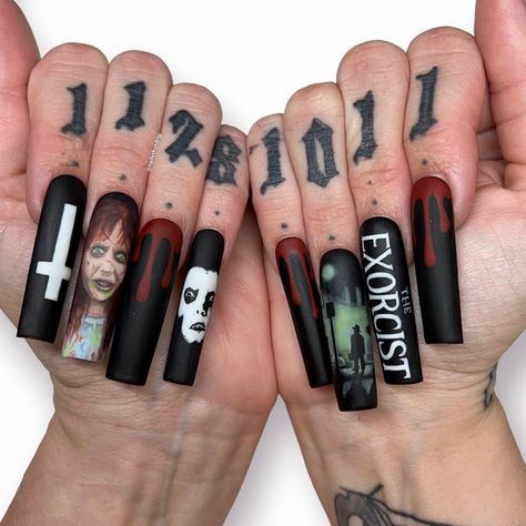 The Exorcist Nail Art, Exorcist Nail Art, The Exorcist Nails, Jeepers Creepers Nails, Exorcist Nails, Terrifier Nails, Horror Nails Halloween, Michael Myers Nails, Lilith Nails