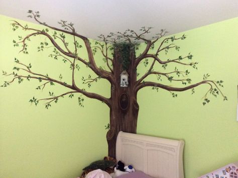 Corner tree I painted in Brooklyn's bedroom Tree Design On Wall, Tree Wall Painting, Kids Room Murals, Tree Wall Murals, Tree Mural, Nursery Mural, Bedroom Murals, Wall Painting Decor, Modern Interior Decor