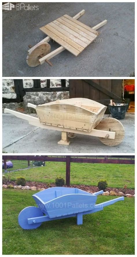 #Garden, #PalletPlanter, #RecyclingWoodPallets, #Wheelbarrow The axis of the wheel is made using an old broomstick drilled on each side of the wheel to slide small cylindrical metal rods. Pallets are all screwed. I now use it to decorate my garden.   L'axe est fait à l'aide d'un vieux manche à balai percé Wooden Wheelbarrow, Wheelbarrow Planter, 1001 Pallets, Pallet Planter, Wooden Pallet Furniture, Pallet Creations, Wooden Pallet Projects, Recycled Pallets, Pallets Garden