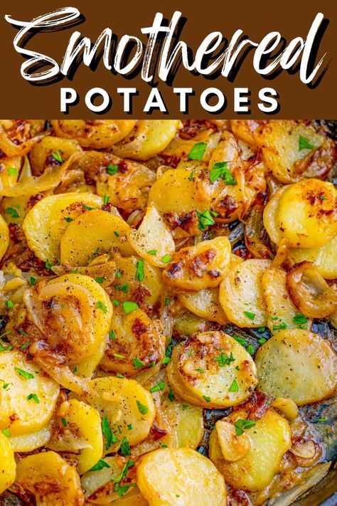 These crispy Smothered Potatoes are so simple to make and are exploding with flavor. With just a few ingredients, you'll be enjoying these in no time. Idaho Potatoes Recipes, Idaho Potato Recipes, Stove Top Potatoes, Smothered Potatoes, Delicious Potatoes, Idaho Potatoes, Potato Recipes Side Dishes, Potato Sides, Dinner Side Dishes