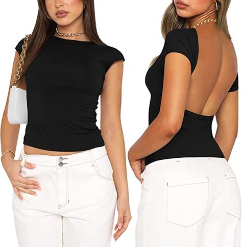 model wearing a backless crop top from amazon old fashion grunge style clothing best fashion outfit for summer 2023 sexy top Basic Tops For Women, Crop Top Y2k, Fitted Shirts, Backless Crop Top, Short Sleeve Crop Top, Beachwear Fashion, Backless Top, Short Sleeve Cropped Top, Basic Tops