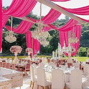 Barbie Pink Ceiling Drape Swag Ceiling Drapes Wedding, Ceiling Draping Wedding, Arch Drapery, Drapes Wedding, Purple Ceiling, Chiffon Draping, Scarf Curtains, Ceiling Drapery, Ceiling Drapes