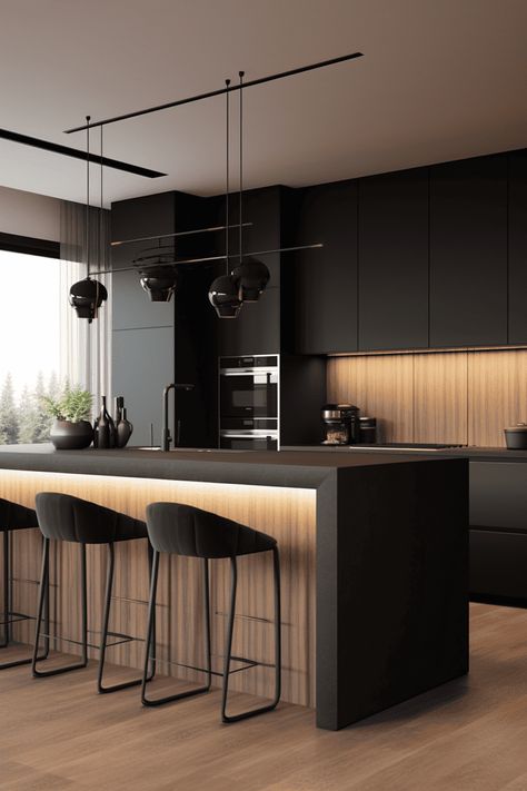 Light In Kitchen Ideas, Kitchen Modern Black And White, Kitchen Black With Wood, Black Matt Kitchen Cabinets, Black And Wood Island Kitchen, Contrast Kitchen Design, White Counter Black Cabinets, Black Wood Kitchen Design, Kitchen Dark Grey And Wood