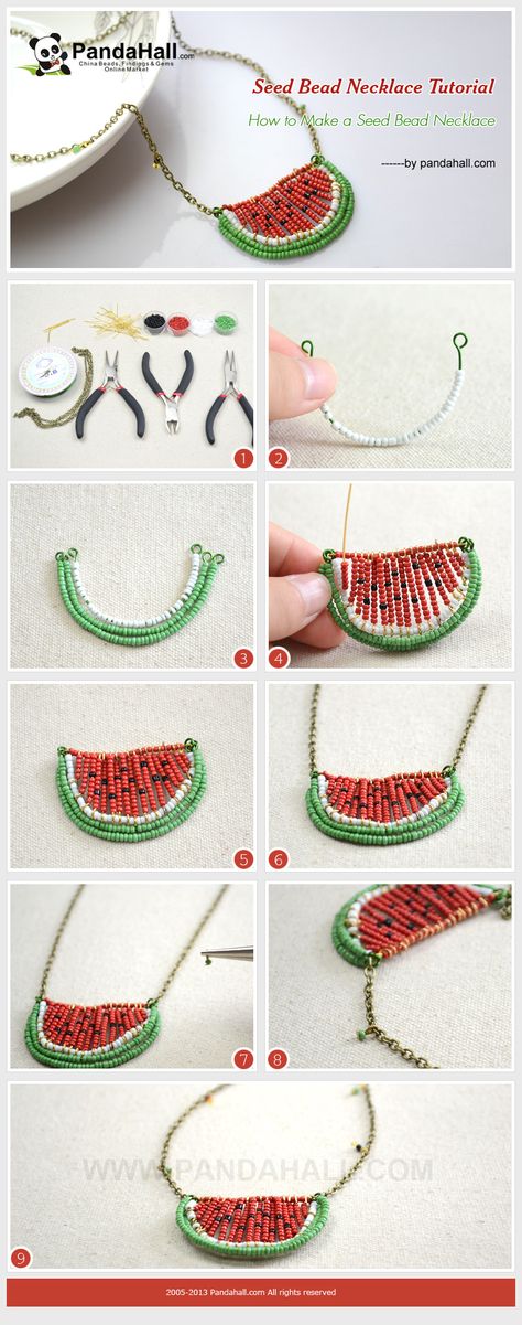 Seed Bead Necklace Tutorial – How to Make a Seed Bead Watermelon Necklace from pandahall.com Bead Watermelon, Watermelon Necklace, Beaded Necklace Tutorial, Pola Manik, Necklace Tutorial, Beaded Jewelry Patterns, Jewelry Making Tutorials, Seed Bead Necklace, Seed Bead Bracelets