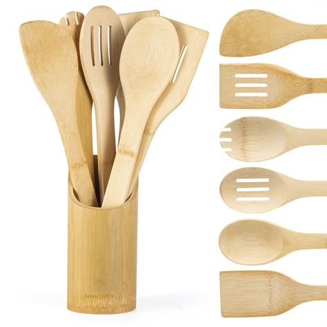 PRICES MAY VARY. 6-Piece Wooden Spoons Set: A complete set of wooden kitchen utensils, including all necessary cooking utensils, allowing you to experience the complete cooking function of these high-quality wooden spoons. A practical and reliable bamboo cooking utensils set meets all your kitchen needs, whether you're flipping ingredients, tasting sauces, or providing finished meals. Wooden Utensil Set Suitable for Nonstick Cookware: This wooden cooking utensils set is made of 100% natural bamb Wooden Cooking Utensils Set, Bamboo Cooking Utensils, Bamboo Kitchen Utensils, Wooden Utensils Set, Cooking Utensil Holder, Wooden Cooking Utensils, Bamboo Kitchen, Bamboo Utensils, Long Term Food Storage