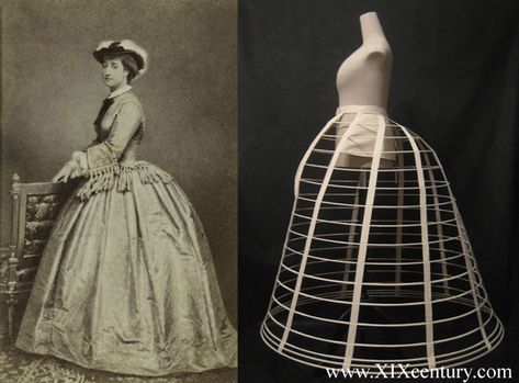 Crinoline (hoop skirt)- used as undergarment under a woman's dress to give it fullness and volume. With the introduction of such garment, the corset began to shorten and become tighter. Reason being, there was no need to hide the hips and as the crinoline slowly began to decrease in size, a smaller waist was favored. Cage Crinoline, Crinoline Dress, Hoop Dress, Crinoline Skirt, Fashion Timeline, Period Dress, Dress History, Hoop Skirt, 19th Century Fashion