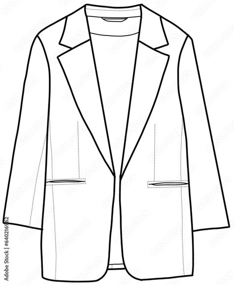 Women's blazer jacket slim fit. Jacket technical drawing vector illustration template. Blazer Drawing Reference, Blazer Flat Drawing, Blazer Technical Drawing, Blazer Template, Technical Sketch Fashion, Jacket Technical Drawing, Blazer Sketch, Blazer Drawing, Blazer Illustration