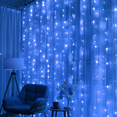 Blue Room Decor, String Lights In The Bedroom, Led Lighting Bedroom, Led Curtain Lights, Curtain String Lights, The Curtains, Neon Room, Bilik Tidur, Garden Bedroom