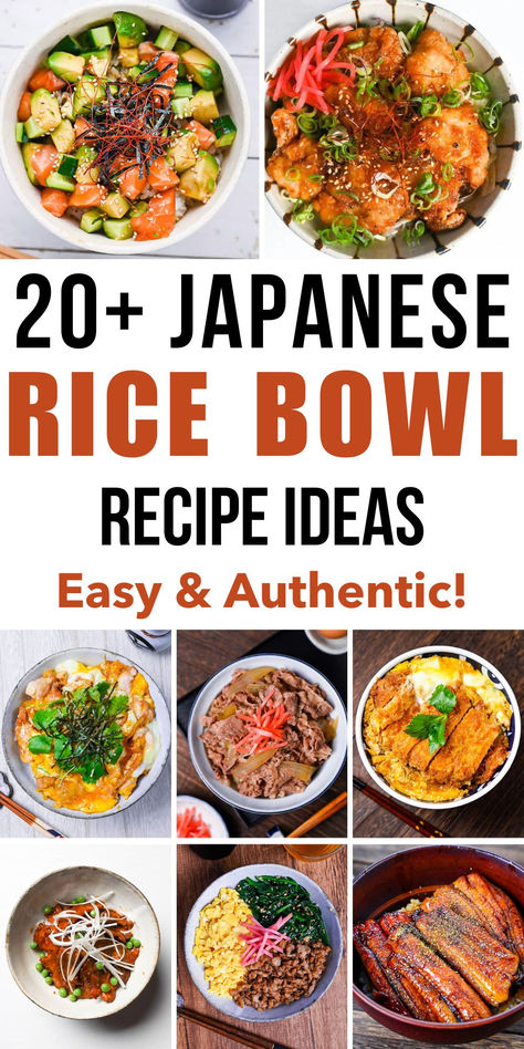 Collage of over 20 Japanese rice bowl recipes featuring dishes with fresh vegetables, meat, and seafood, showcasing easy and authentic meal ideas. Japanese Bowls Recipe, Japanese Recipe Ideas, Rice Bowl Ideas, Rice Bowls Vegetarian, Japanese Donburi, Donburi Recipe, Rice Bowl Recipes, Japanese Rice Dishes, Donburi Bowl