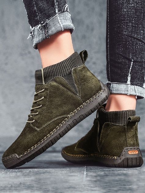 Casual Patch Sock Fleece Ankle Boots  BLACK BROWN GREEN KHAKI , #affiliate, #Fleece, #Ankle, #Sock, #Casual, #Patch #Ad Boots Casual Outfit, Stylish Boots For Men, Lowa Boots, Black Outfit Men, Gents Shoes, Mens Winter Shoes, Tie Heels, Comfy Walking Shoes, Comfortable Stylish Shoes