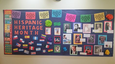 September October Hispanic Heritage Month Bulletin Board at Harvard Diggins Library by Leticia Goluba Latinx Heritage Month Bulletin Board, Hispanic History Month Bulletin Board, Latino Heritage Month Bulletin Board, Hispanic Heritage Month Classroom Door, Diversity Bulletin Board Elementary, Hispanic Heritage Month Library Display, Spanish Heritage Month Bulletin Board, Mexican Heritage Month, Multicultural Bulletin Board