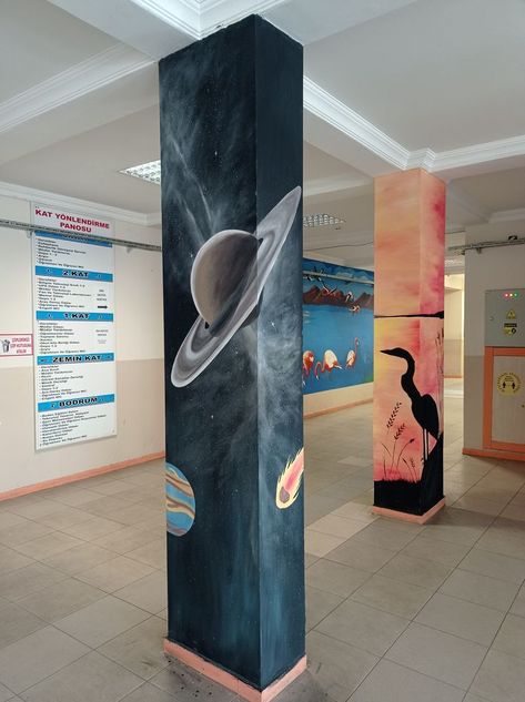 Pillar Mural Art, Pillar Painting Ideas, Ophelia Painting, School Wall Art Ideas, 3d Art Painting, Creative Wall Painting, Ceiling Murals, School Wall Art, School Murals