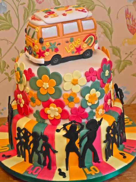 70s theam cake, full of colour love and peace and disco dancing xx 1970s Cake Ideas, 60s Themed Cake Ideas, Peace And Love Cake, 70s Cake Ideas Disco Party, 70s Cake Design, 1970s Birthday Cake, 70s Sweet 16, 70s Themed Birthday Cake, 70s Theme Birthday Cake