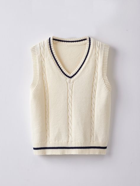 Beige Sweater Vest, Teen Streetwear, Cricket Sweater, Tennis Sweater, School Sweater, Shein Kids, Beige Pullover, Guys Clothing Styles, Streetwear Men Outfits