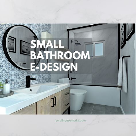 Small Bathroom E-Interior Design.  An easy Virtual Interior Design experience with a professional Interior Design and Architecture firm. Hello! We're Will and Dawn from Small House Works.  Will is an Architect and Dawn is an Interior Designer.  Together, we have over 30 years of experience in the Design and Construction field.  We have designed all sizes and styles of bathrooms over the years, for both residential clients and commercial clients. Small bathrooms can be a challenge that we are alw 42 Sq Ft Bathroom, Open Plan Bathroom, Small Full Bathroom Ideas, Adu Ideas, Small Bathroom Remodel Ideas, Small Bathroom Designs, Small Full Bathroom, Montana House, Professional Interior Design