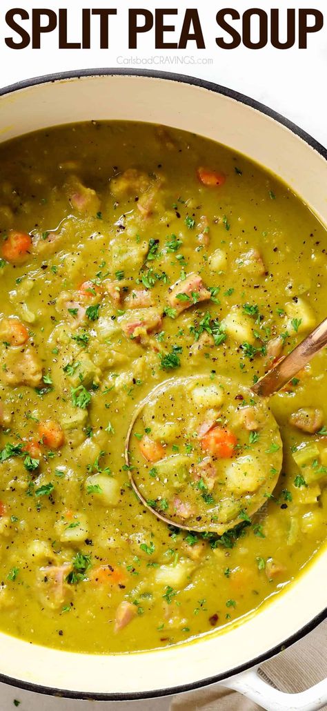 Recipe for Split Pea Soup - Carlsbad Cravings Crock Pot Pea Soup, Best Split Pea Soup Recipe, Best Split Pea Soup, Split Pea Ham Soup, Split Pea And Ham Soup, Ham Soup Recipes, Pea Soup Recipe, Split Pea Soup Recipe, Pea And Ham Soup