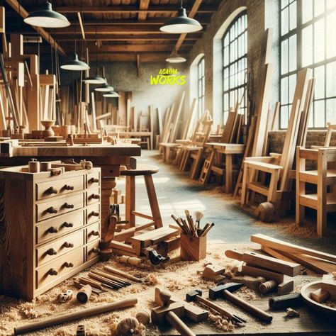 Carpentry workshop with various wooden furniture pieces in progress. Tools, sawdust and sawdust on the floor. Natural lighting, coming from large windows, illuminates the craftsmanship and details of the furniture. #woodwork #acadiaworks #BETAwards #woodworking #wood #SocialMediaDay #woodart Carpentry Aesthetic, Carpentry Workshop, Carpentry Tools, Wood Worker, Work Spaces, Natural Lighting, Woodworking Wood, Fine Woodworking, Furniture Pieces