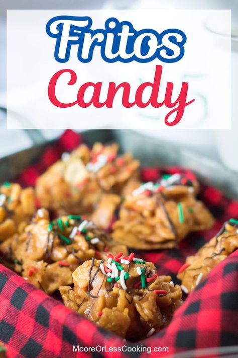 If you're craving a sweet and salty treat, you'll love this easy no-bake recipe for Fritos Candy. Corn chips are mixed with warm and sweet peanut butter syrup to create crunchy bite-sized treats. Drizzle with a little melted chocolate for an irresistible candy that everyone will love. Frito Christmas Candy, Peanut Butter Fritos Candy, Frito Peanut Butter Snack, Frito Candy Recipe, Frito Dessert, Fritos Candy, Frito Candy, Peanut Butter Syrup, Butter Syrup