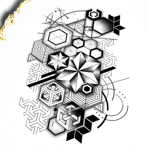 geometric pattern tattoo realistic 3d illustration 3d Geometric Tattoo Design, Geometric Tattoo Pattern Sleeve, Elbow Geometric Tattoo, Geometric Tattoo Pattern Design, Isometric Tattoo, Dark Geometric Tattoo, Geometry Tattoo Design Pattern, Hexagon Pattern Tattoo, Geometric Mandala Tattoo Men