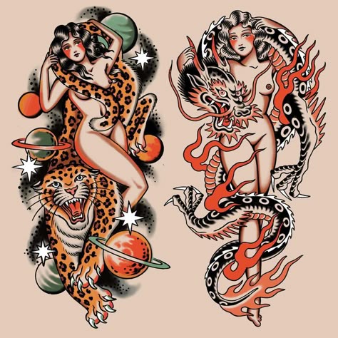 Traditional Thigh Tattoo, Traditional Back Tattoo, Traditional Tattoo Woman, Tiger Head Tattoo, Desenhos Old School, Traditional Tattoo Drawings, Backpiece Tattoo, Traditional Tattoo Flash Art, Traditional Tattoo Inspiration