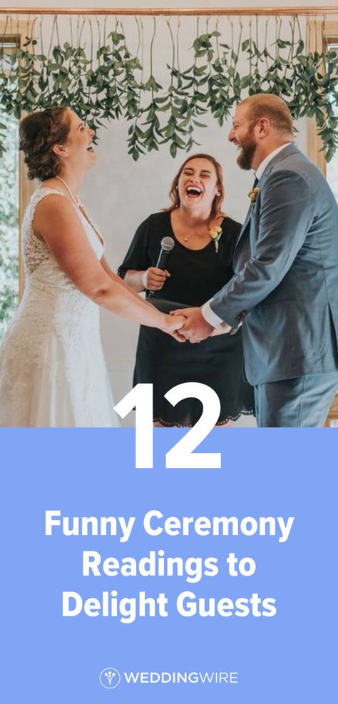 These 12 Funny Ceremony Readings Will Delight Your Guests - Add a little laughter to your nuptials with one of these funny wedding ceremony readings, from children's books, movies, poems, and more. Wedding Officiant Script Funny, Wedding Readings Unique, Wedding Readings Funny, Wedding Ceremony Script Funny, Wedding Officiant Business, Wedding Sermon, Wedding Officiant Speech, Funny Wedding Speeches, Ceremony Readings