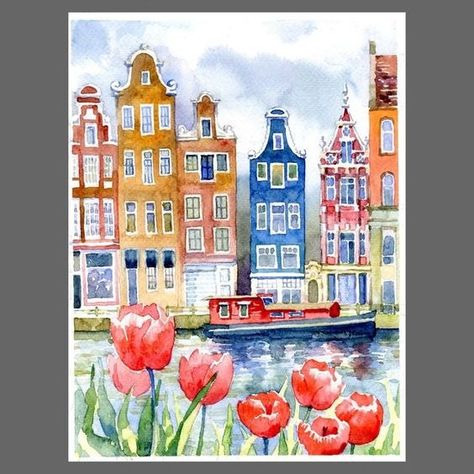 Amsterdam Art Paintings, Europe Watercolor Painting, Spring Painting Watercolor, Amsterdam Watercolor Painting, Watercolor Amsterdam, Holland Painting, Amsterdam Illustration, Amsterdam Watercolor, Europe Watercolor