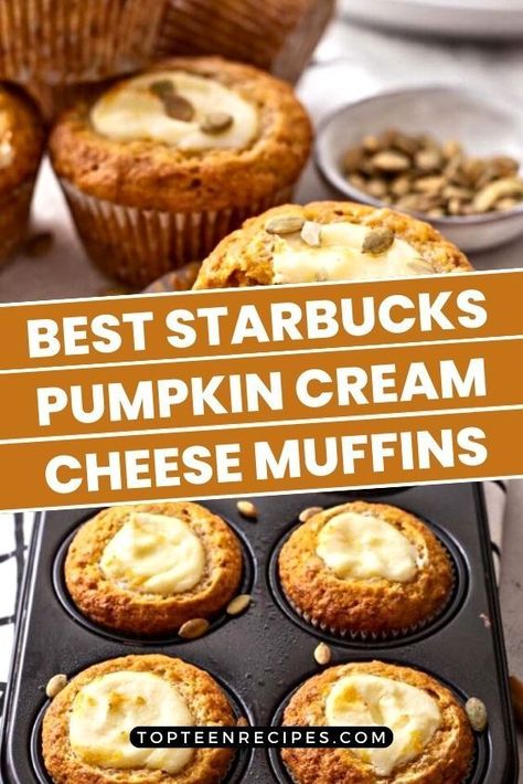 Pumpkin Muffin Starbucks Copycat, Starbucks Pumpkin Cream Cheese Muffins, Starbucks Muffins, Pumpkin Muffins With Cream Cheese, Muffins With Cream Cheese, Copycat Food, Fall Deserts, Pumpkin Cream Cheese Muffins, Pumpkin Cream Cheese