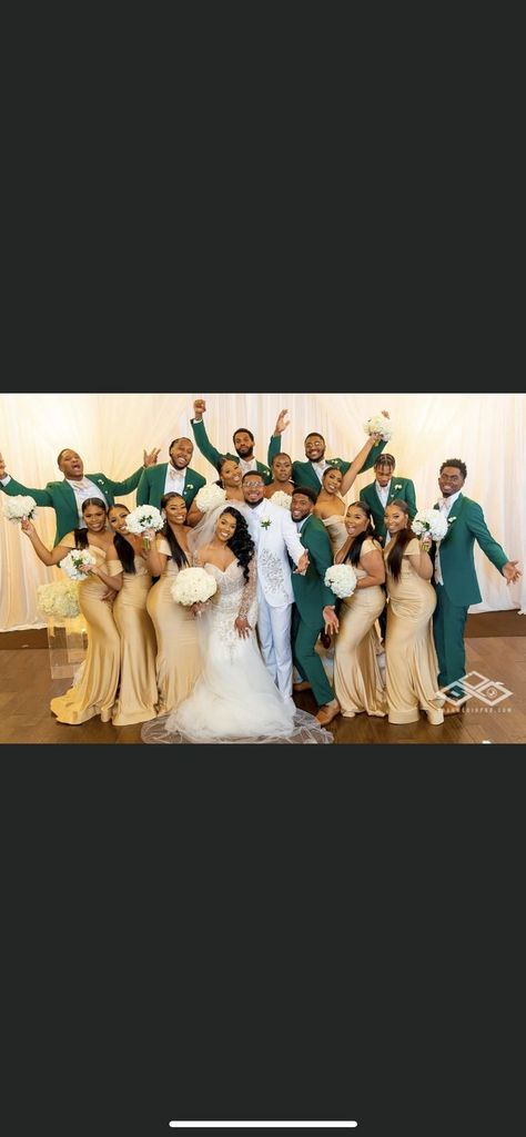 Emerald Green Wedding Black Couple, Emerald Green Wedding Theme Bridesmaid Dress, Emerald And Gold Wedding Dress, Hunter Green And Rose Gold Wedding Ideas, Cream And Emerald Wedding, Green And Gold Groomsmen, African American Wedding Party, Emareld Green Wedding Theme, Emerald And Tan Wedding