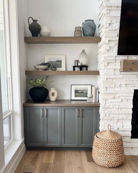 White Fireplace With Dark Built Ins, Decor On Floating Shelves Living Room, Fireplace With Lower Cabinets, Modern Farmhouse Shelf Styling, Mantle And Built In Shelves, Shelving Decor Ideas For Living Room, Shelves On Sides Of Tv, Built Ins For Small Living Room, Fireplace With Cabinet On One Side