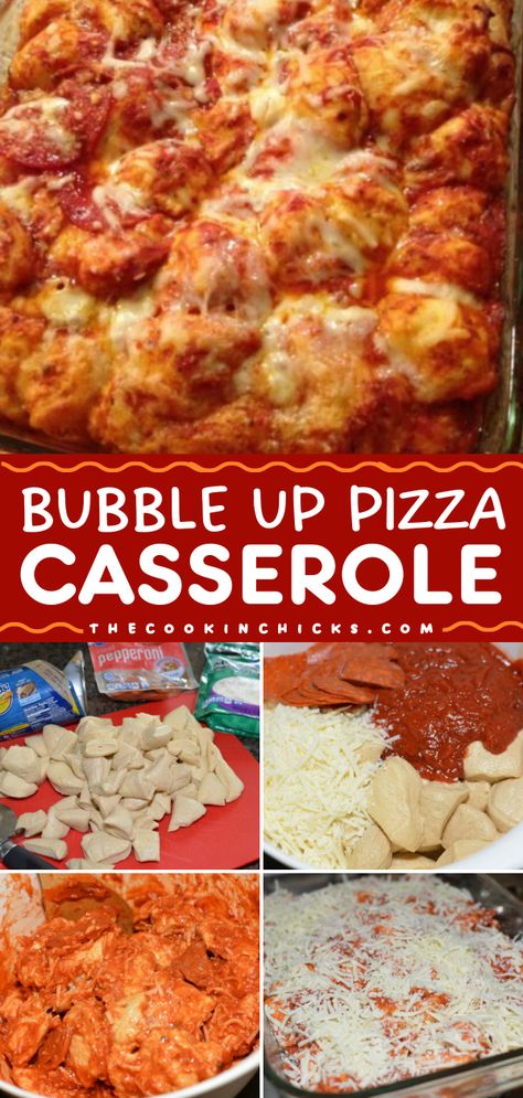 Don't miss out on this easy appetizer recipe or party snack idea! It's also a great main dish for dinner. Made with biscuits and your favorite toppings, this Bubble Up Pizza Casserole is sure to be a hit! Puff Pizza Casserole, Pizza Recipes Casserole, Recipes That Use Biscuit Dough, Bubble Bread Recipe With Biscuits, Easy Dinner Recipes Pillsbury Biscuits, Dinner Ideas With Grands Biscuits, Pizza Casserole Biscuits, Bubble Pizza Recipe Biscuits Pillsbury, Bubble Pizza Casserole