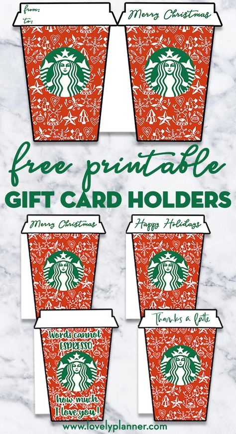 4 FREE Printable Christmas Starbucks Gift Card Holders. Shaped as Starbucks Holiday Cups they'll add a fun touch to your gift. #christmas #gift #freeprintable #starbucks #lovelyplanner Starbucks Teacher Gift Christmas Free Printable, Starbucks Gift Tags Free Printables, Starbucks Teacher Gift Christmas, Teacher Starbucks Gift Card Printable, Starbucks Gift Card Ideas, Gift Card Christmas Ideas, Starbucks Holiday Cups, Starbucks Gift Card Holder, Gift Card Holder Template