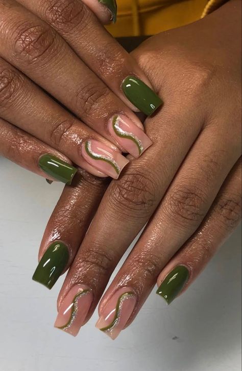 Fall Nails Green And Brown, Green Nature Nails, Olive Green Acrylic Nails, Army Green Nails, Olive Green Nails, Natural Nail Designs, Green Nail Designs, Dope Nail Designs, Short Square Acrylic Nails