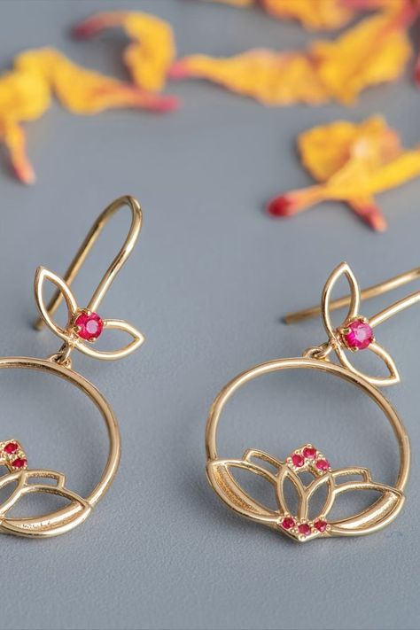 Lotus Flower Jewelry Handmade, Modern Indian Jewelry, Lotus Flower Jewelry, Lotus Jewelry, Butter Shrimp, Lotus Earrings, Gold Lotus, Gold Dangle Earrings, Ruby Earrings