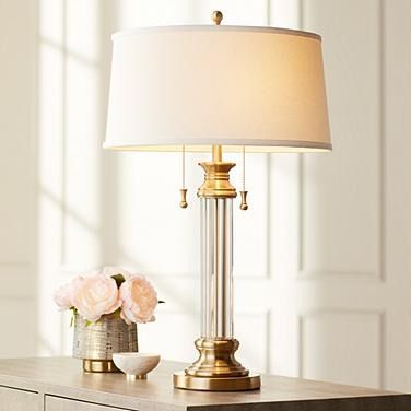 Vienna Full Spectrum Rolland 30" Brass and Glass Column Table Lamp Crystal Bedroom, Glass Table Lamps, Traditional Table Lamps, Bedside Night Stands, Nightstand Lamp, Traditional Table, Buffet Lamps, Brass And Glass, Table Lamp Design