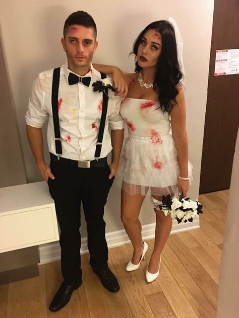 Zombie Groom Costume, Zombie Couples Costumes, Bride Groom Halloween Costume, Zombie Couple Halloween Costumes, Engaged Halloween Costume, Couple Zombie Costume, Vampire Bride And Groom Costume, Scary Bride And Groom Costumes, Bride Couples Costume