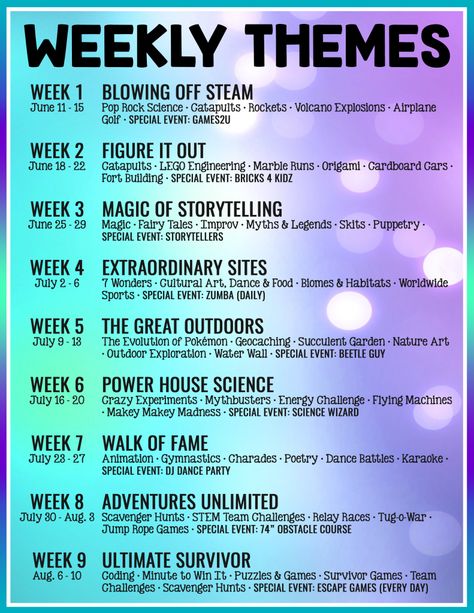 Kids Summer Schedule, Summer Lesson Plans, Camp Themes, Weekly Themes, Summer Lesson, Summer Camp Themes, Summer Camp Activities, Week Schedule, Summer Schedule