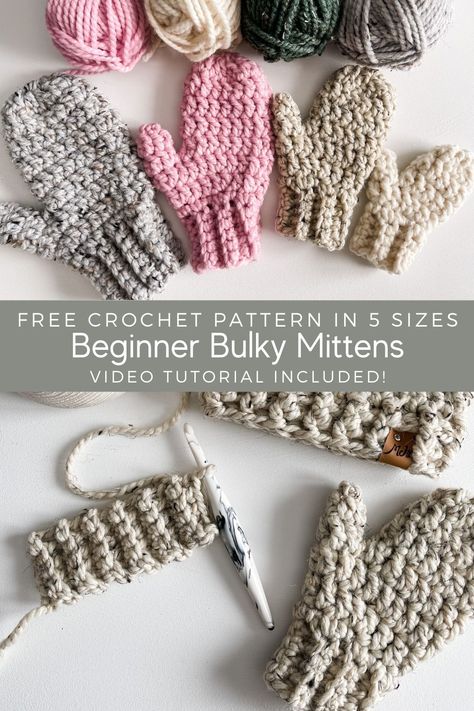 Beginner Bulky Mittens free crochet pattern with a step by step video tutorial. Sizes baby to large men's. Make in less than 30 minutes. Witch Hat Crochet, Chunky Yarn Patterns, Hat Crochet Patterns, Bulky Yarn Crochet, Crochet Baby Mittens, Crochet Mitts, Crochet Mittens Free Pattern, Crochet Mittens Pattern, Double Crochet Decrease