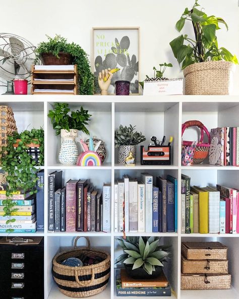 I'm having fun styling my new cube shelf for my office space. I picked up a few goodies from @typoshop like my little cassette tape… Ikea Cube Shelves, Cube Storage Decor, Ikea Cubes, Cube Shelf, Shelf Decor Living Room, Kallax Regal, Bookcase Styling, Cube Bookcase, Cube Shelves