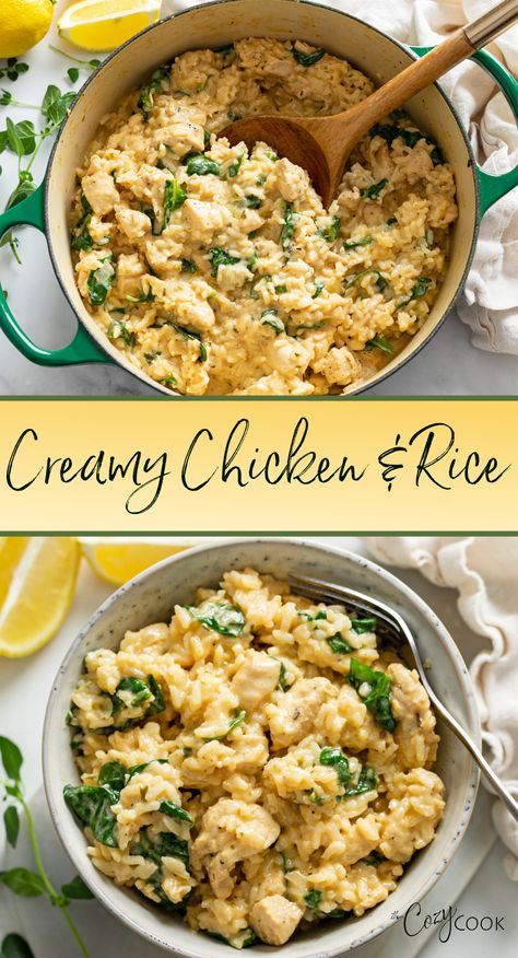 creamy chicken and rice with spinach Chicken And Rice One Pot, Garlic Parmesan Cream Sauce, Chicken And Rice Recipe, Creamy Chicken And Rice, Chicken And Rice Casserole, Easy Skillet Meals, Parmesan Cream Sauce, Easy Skillet, Snacks Saludables