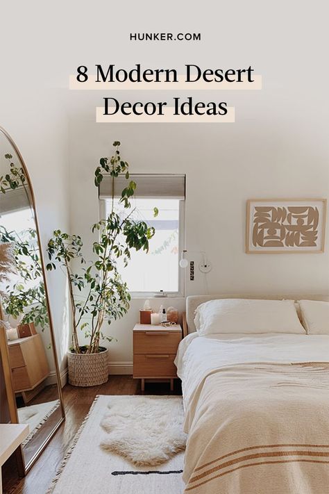 Looking to bring this aesthetic to your own abode? Scroll down to see some of our fave modern desert ideas. #hunkerhome #modern #desert #decor #desertdecor #desertinspired Modern Desert Office Decor, Desert Guest Room, Desert Master Bedrooms Decor, Southwest Guest Bedroom, Mid Century Desert Decor, Sedona Inspired Bedroom, High Desert Interior Design, Desert Guest Bedroom, Desert Modern Decor Living Room